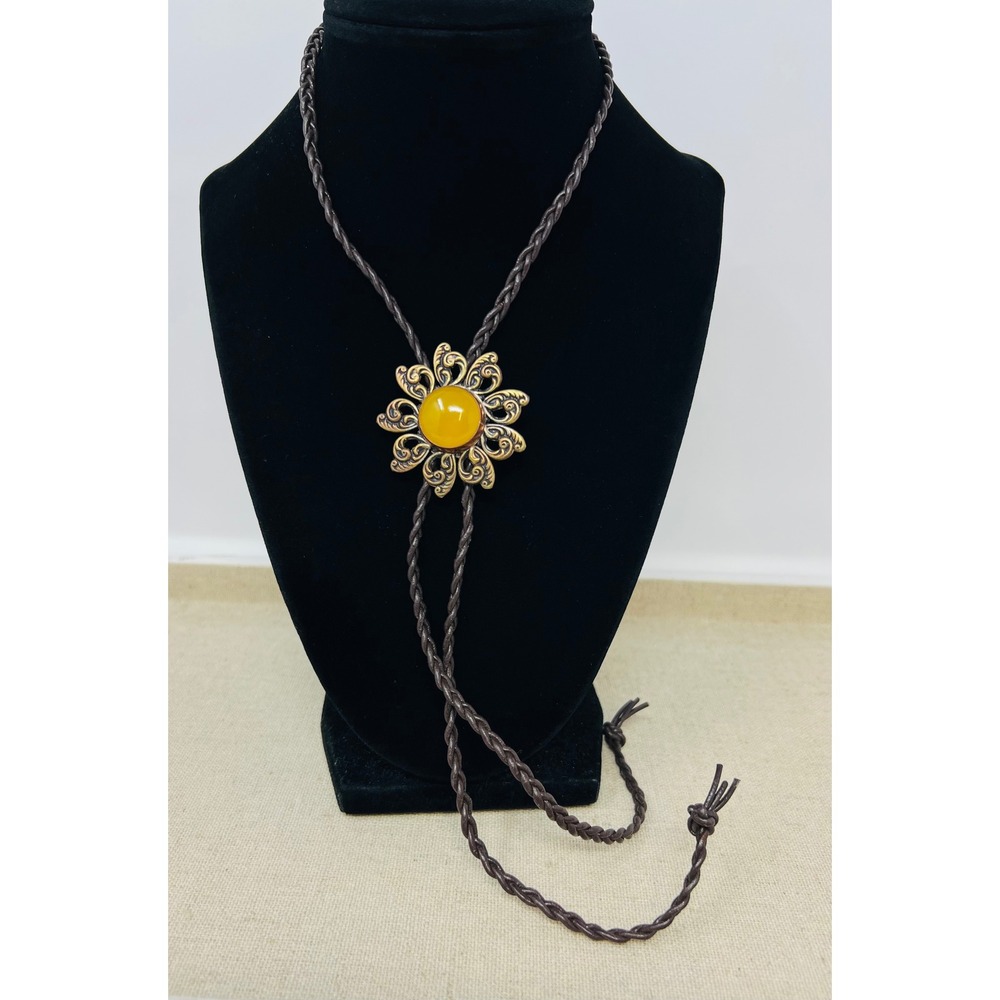 Vintage Western Sunflower Bolo Tie Gold Tone Yellow Stone Braided Brown Cord